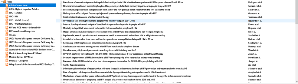 RSS from HIV journals and news sites are listed on the left whereas the latest articles from the AIDS Journal are listed on the right